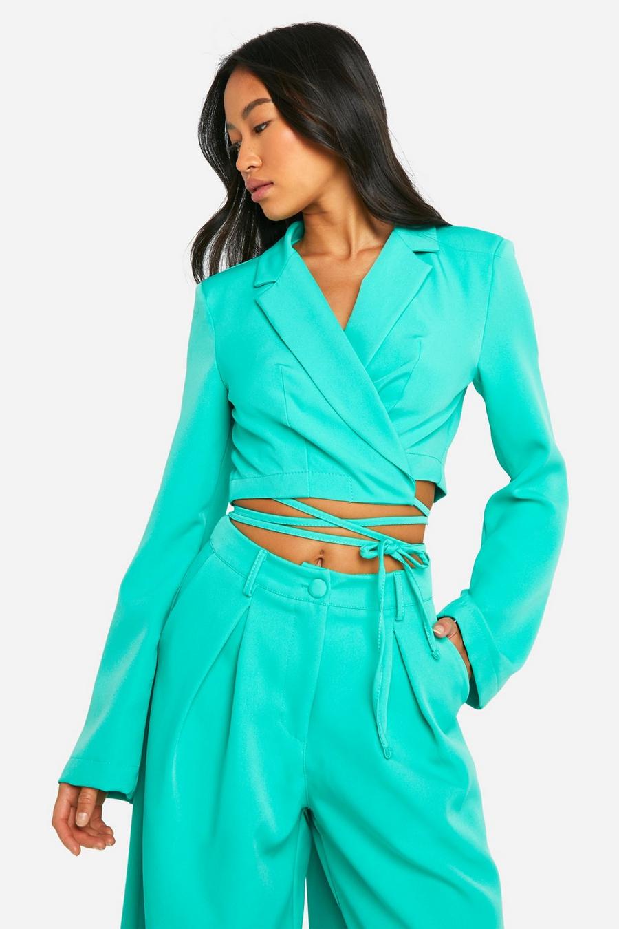 Emerald Tie Waist Fitted Cropped Blazer image number 1