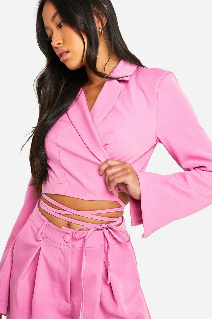 Candy pink Tie Waist Fitted Cropped Blazer image number 1