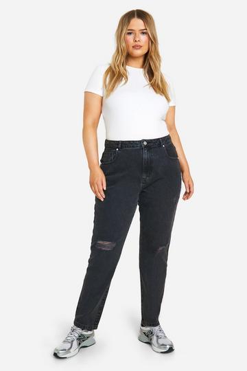 Plus Basics High Waisted Ripped Mom Jeans washed black