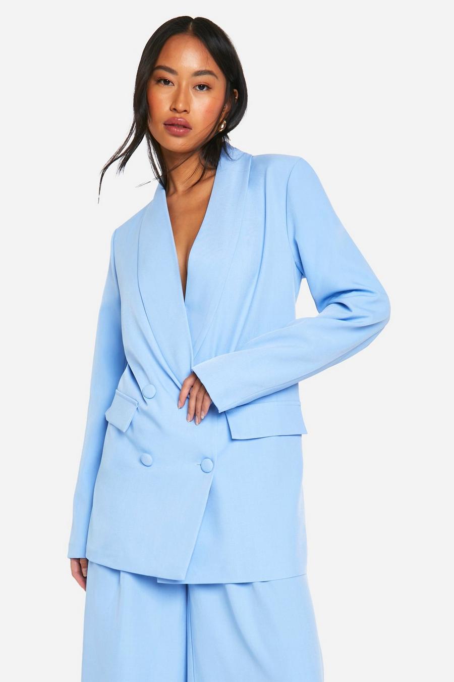 Powder blue Linen Look Double Breasted Longline Blazer image number 1