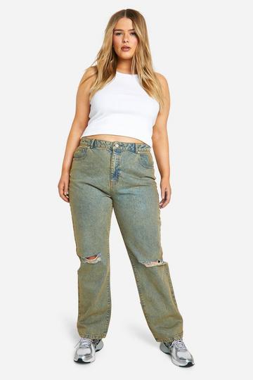 Plus Basic Högmidjade raka jeans med slitna knän sand