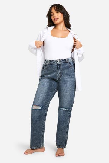 Plus Basics High Waisted Straight Leg Ripped Knee Jeans vintage blue