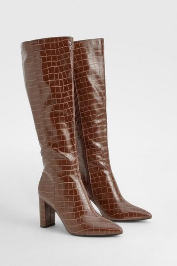 Chocolate Brown Pointed Toe Croc Knee High Boots