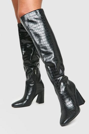 Wide Fit Croc Flared Heel Knee High Boots black