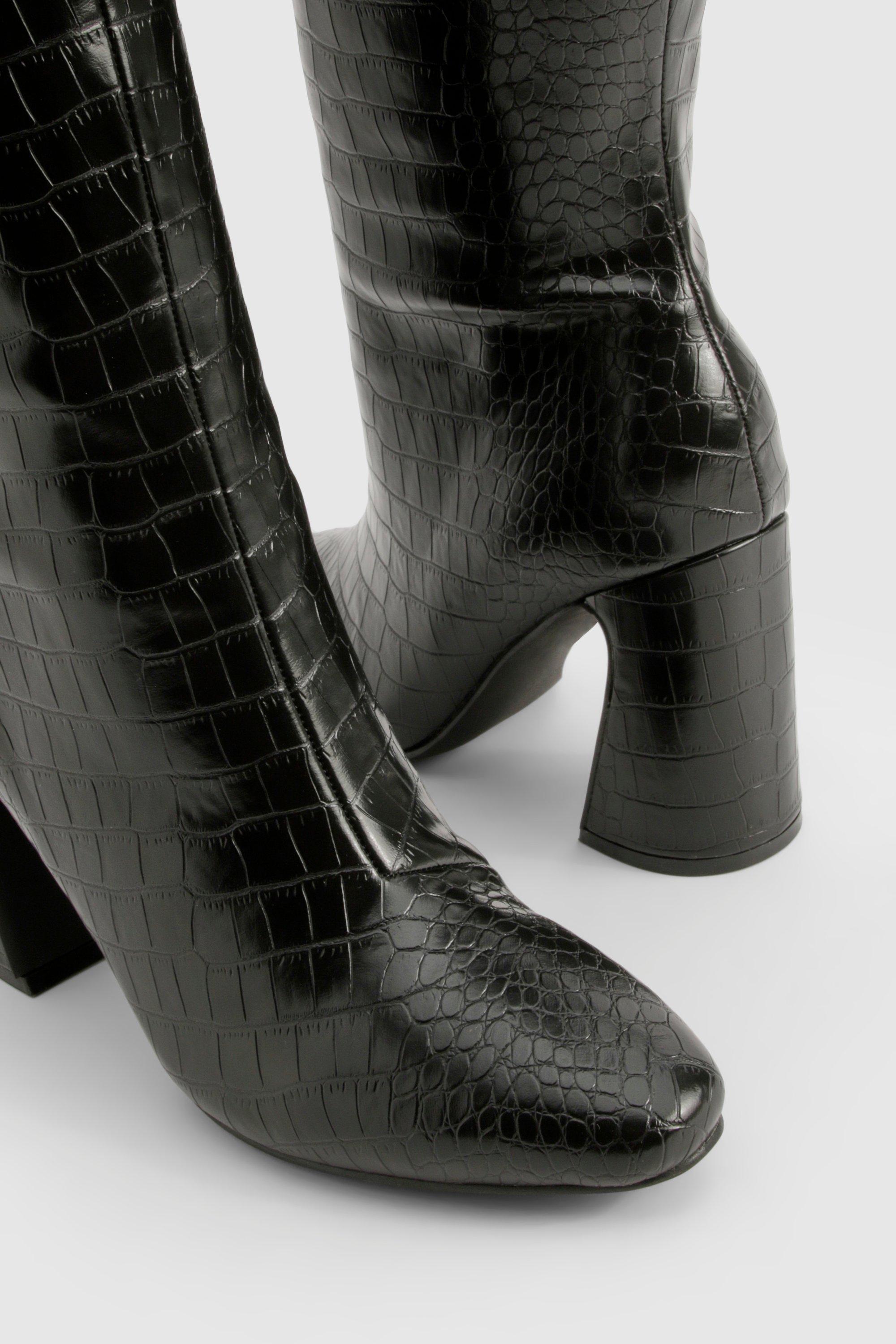 Boohoo Women s Wide Fit Croc Flared Heel Knee High Boots Black