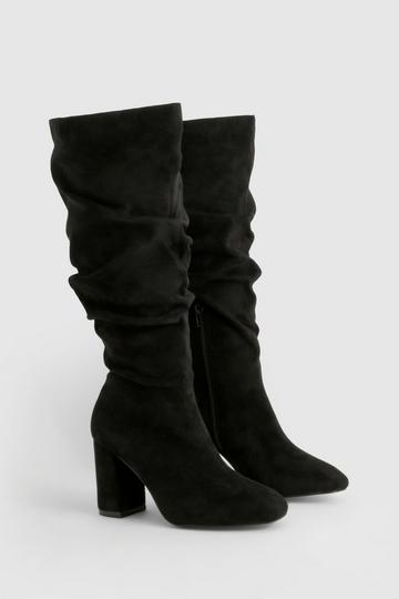 Black Wide Fit Faux Suede Slouchy Block Heel Boots