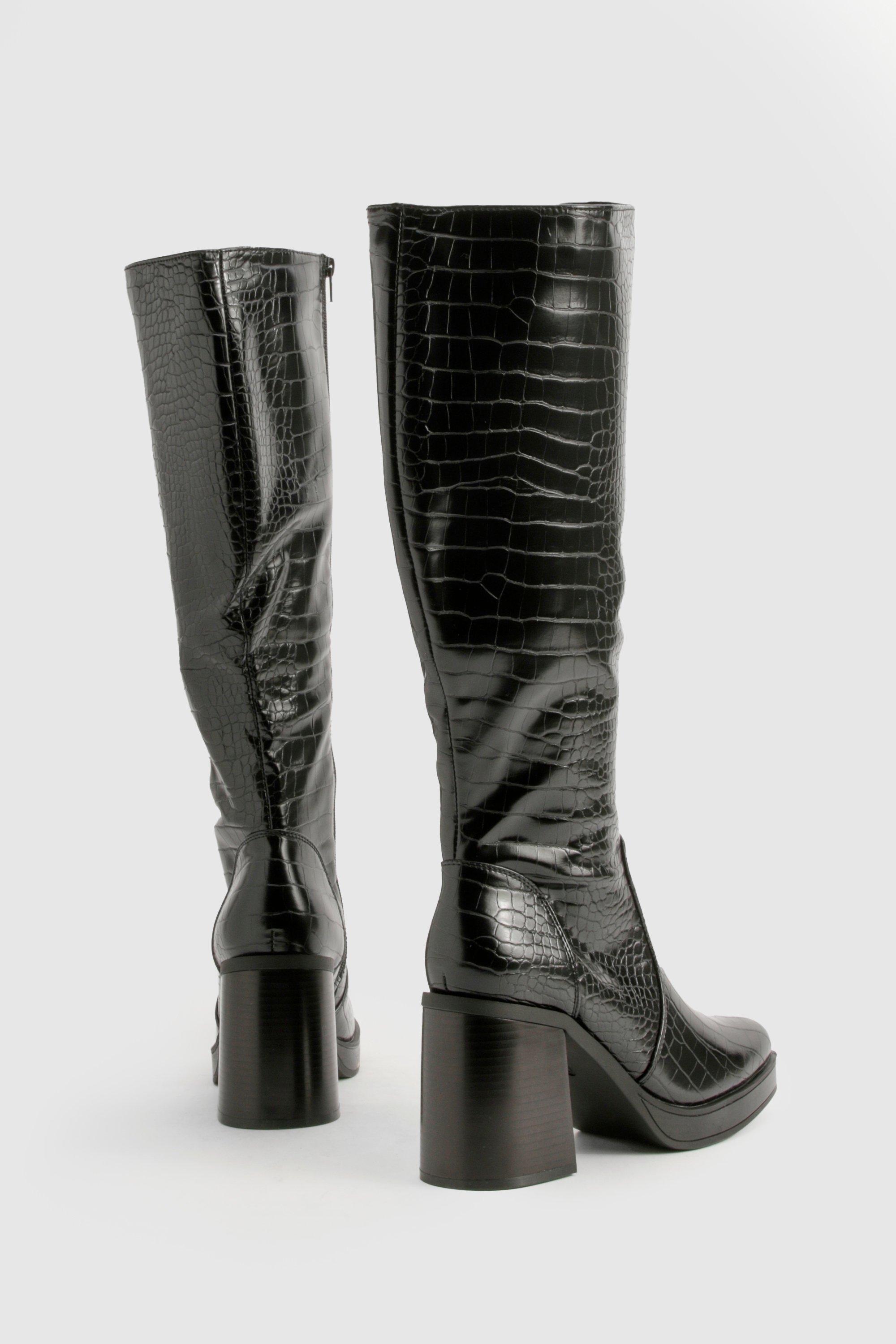 Boohoo Women s Platform Croc Block Heel Knee High Boots Black