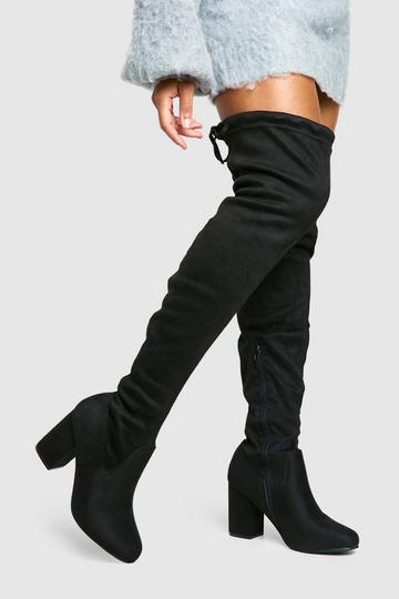 Black Wide Fit Faux Suede Thigh High Block Heel Boots