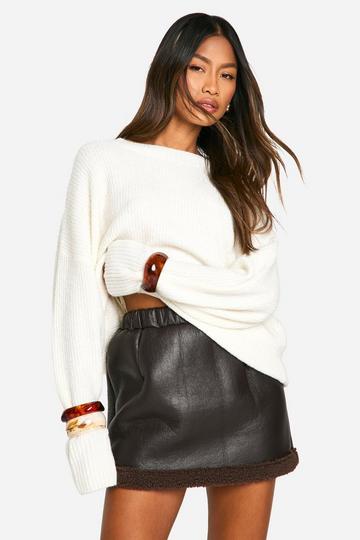 Teddy Trim Faux Leather Skirt chocolate