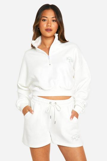 Sports Club Slogan Half Zip Seam Detail Cropped Oversized Sweatshirt ecru