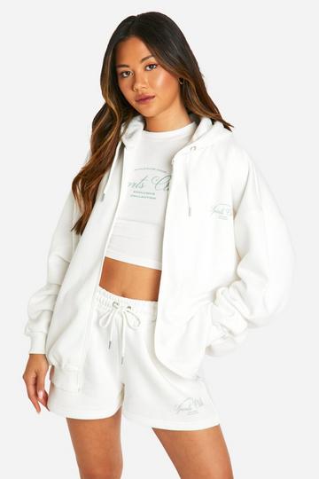 Sports Club Slogan Printed Oversized Zip Through Hoodie ecru