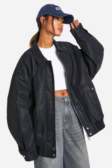 Vintage Look Faux Leather Oversized Bomber Jacket dark blue