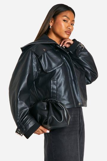 Rib Detail Faux Leather Bomber Jacket black