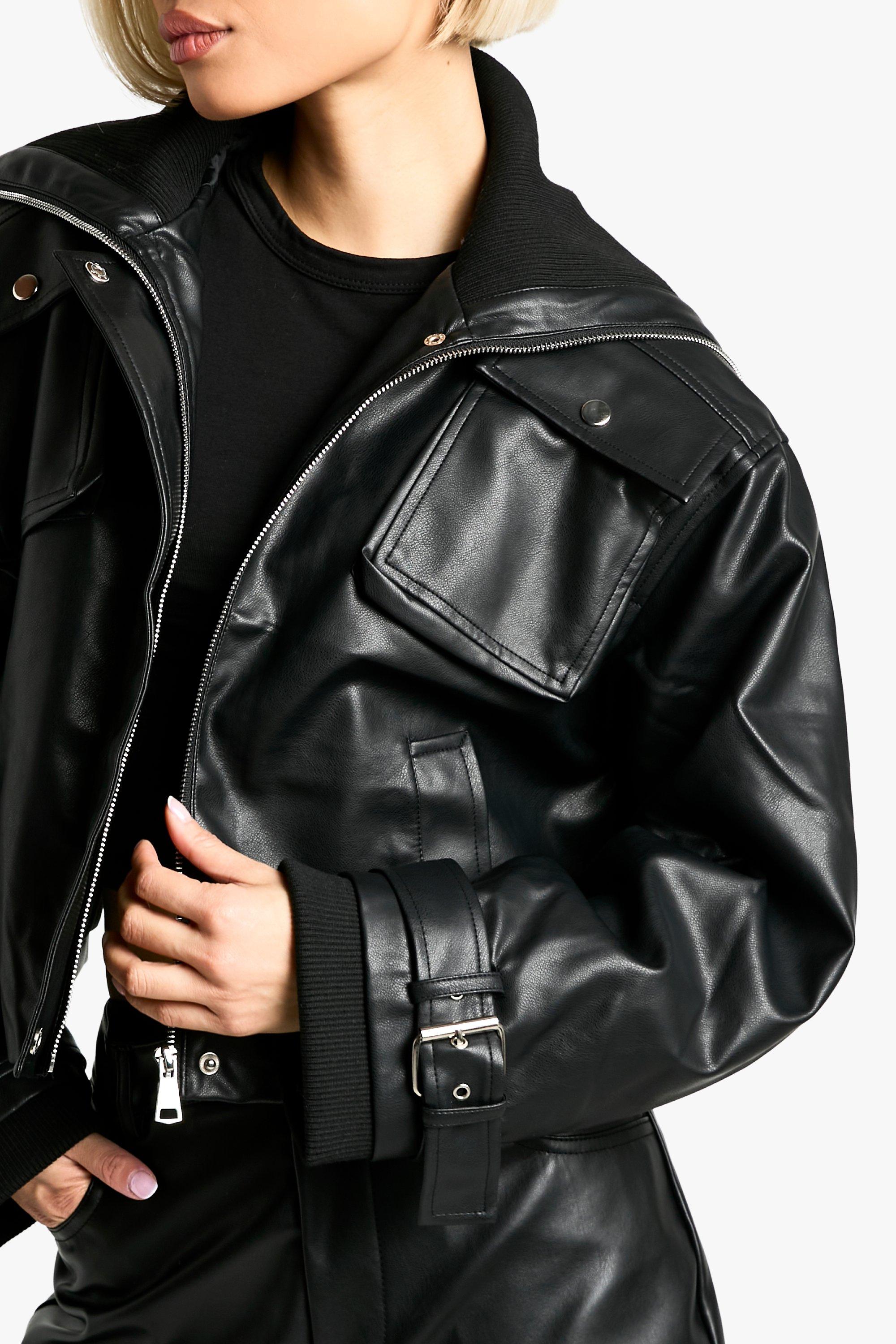 Rib Detail Faux Leather Bomber Jacket