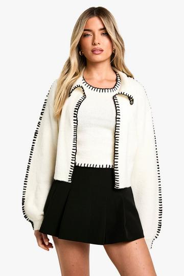 Contrast Trim Knitted Crop Top And Cardigan Co-ord ecru