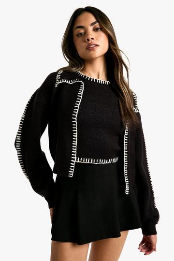 Contrast Trim Knitted Crop Top And Cardigan Co-ord black