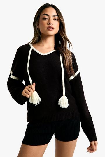 Gebreide Hoodie Met Pom Poms En Contrasterende Zoom black