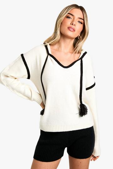 Ecru White Pom Pom Contrast Trim Knitted Hoody