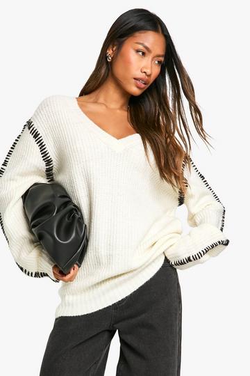 Premium Contrast Trim V Neck Longline Jumper ecru