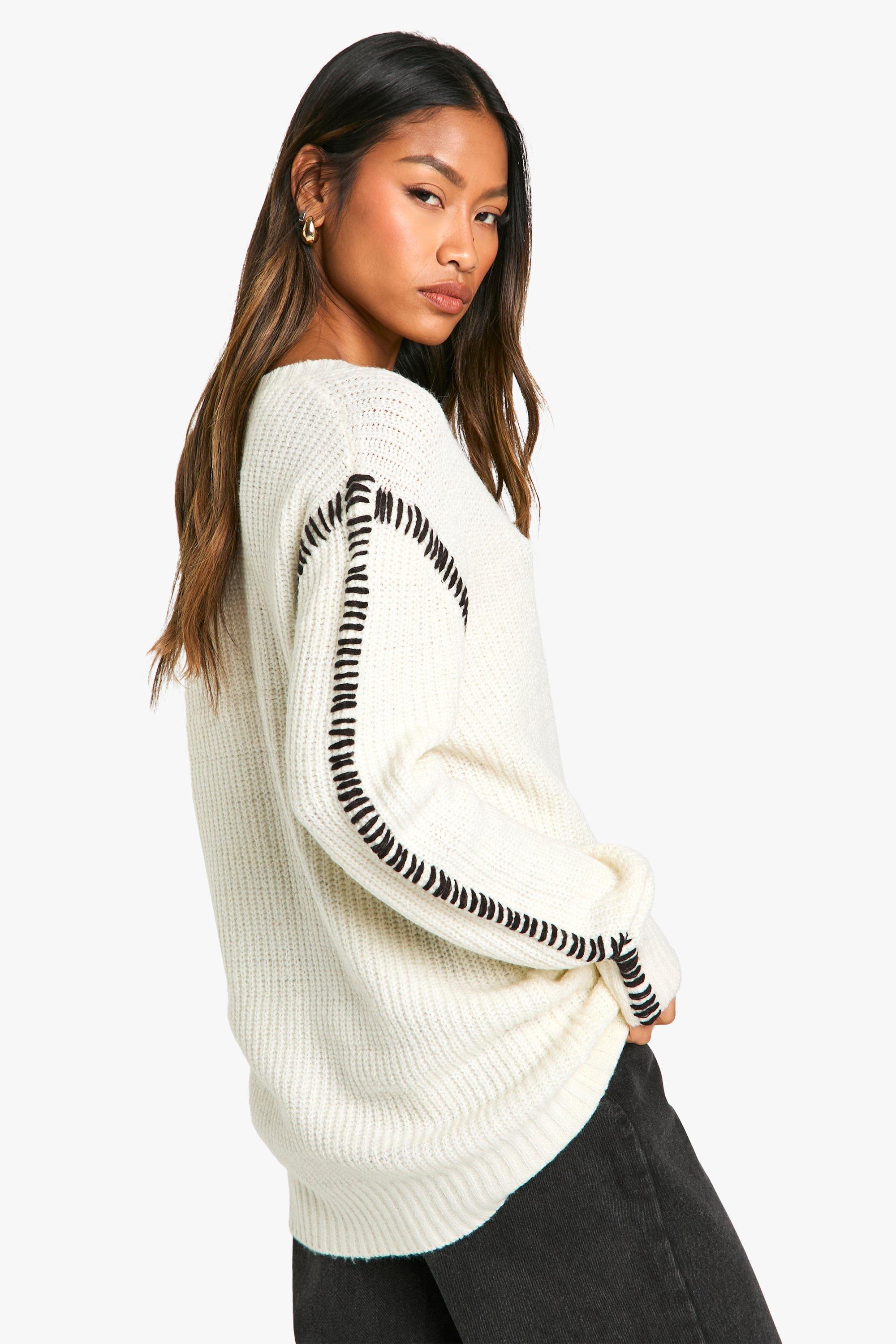 Premium Contrast Trim V Neck Longline Jumper