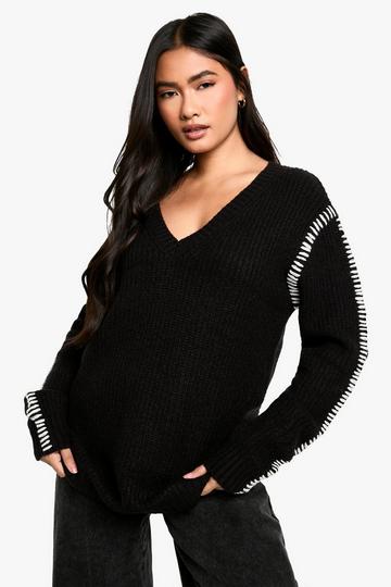 Black Premium Contrast Trim V Neck Longline Jumper