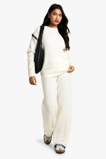 Ecru White Premium Heavyweight Contrast Trim Jumper And Trouser Knitted Set