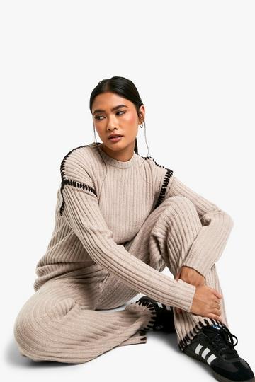 Premium Heavyweight Contrast Trim Jumper And Pants Knitted Set taupe