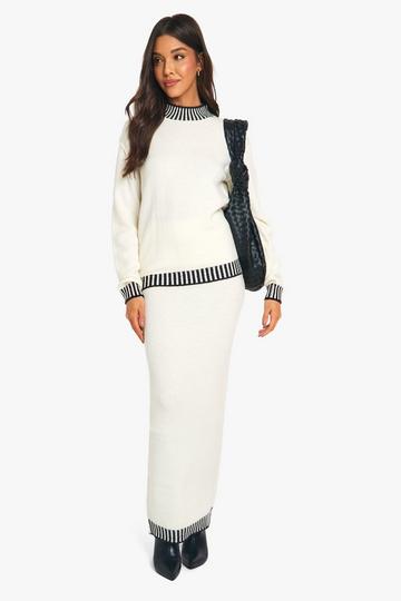 Premium Contrast Trim Jumper And Maxi Skirt Knitted Co-ord ecru