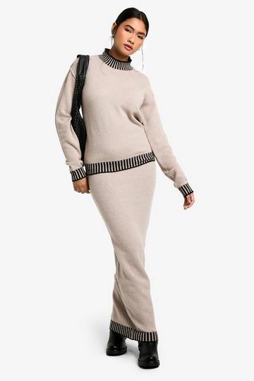 Premium Contrast Trim Jumper And Maxi Skirt Knitted Co-ord taupe