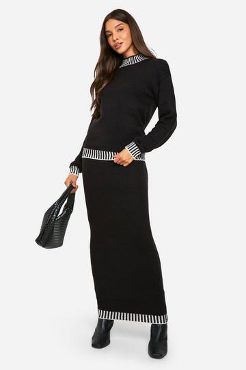 Premium Contrast Trim Jumper And Maxi Skirt Knitted Co-ord black