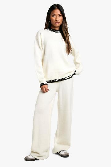 Contrast Trim Jumper And Wide Leg Trouser Knitted Co-ord ecru