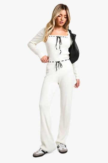 Contrast Lace Up Detail Rib Knit Co-ord ivory