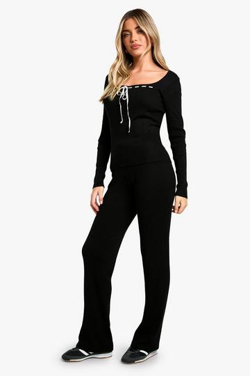 Contrast Lace Up Detail Rib Knit Co-ord black