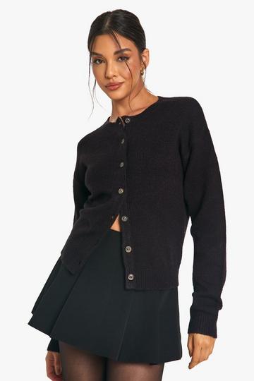 Black Crew Neck Fine Gauge Micro Cardigan