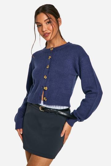 Navy Crew Neck Puff Sleeve Soft Knit Micro Cardigan