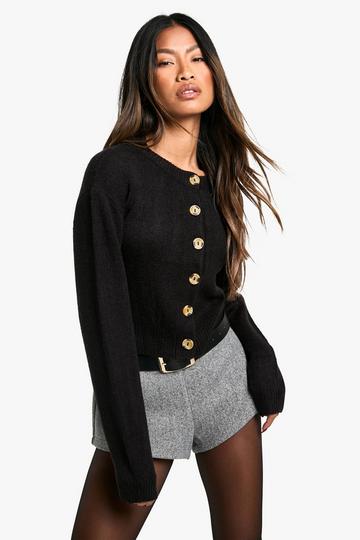 Black Crew Neck Puff Sleeve Soft Knit Micro Cardigan