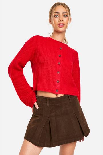 Crew Neck Soft Knit Micro Cardigan red