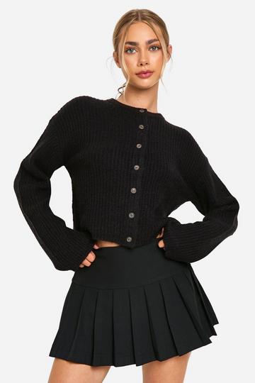 Black Crew Neck Soft Knit Micro Cardigan