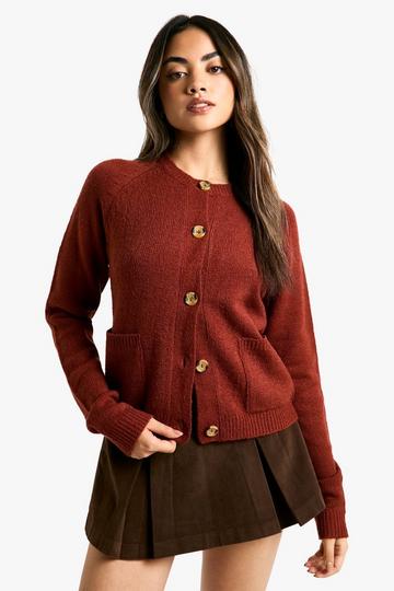 Soft Knit Boxy Cardigan With Pockets chocolate