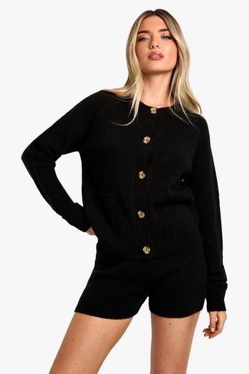 Black Soft Knit Boxy Cardigan With Pockets