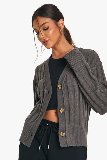 Zachte Geribbelde Gebreide Boyfriend Cardigan Met Naaddetail charcoal