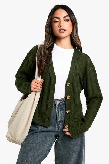 Seam Detail Soft Rib Knit Boyfriend Cardigan forest