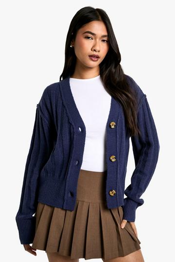 Zachte Geribbelde Gebreide Boyfriend Cardigan Met Naaddetail navy