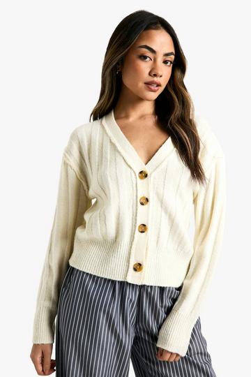 Zachte Geribbelde Gebreide Boyfriend Cardigan Met Naaddetail off white