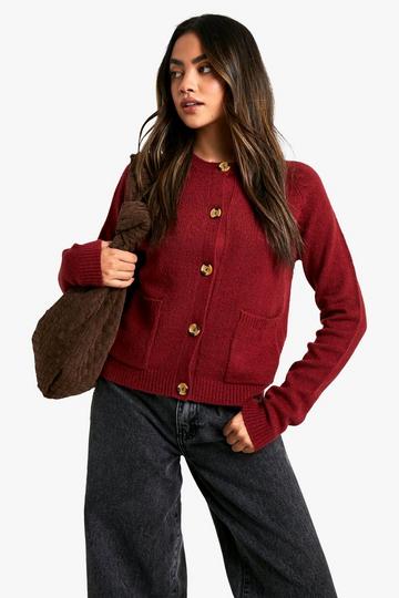 Soft Knit Boxy Cardigan With Pockets berry