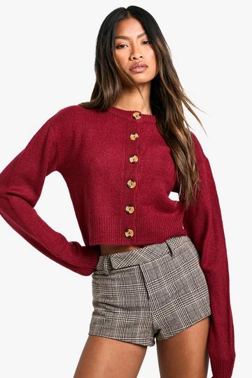 Crew Neck Puff Sleeve Soft Knit Micro Cardigan berry