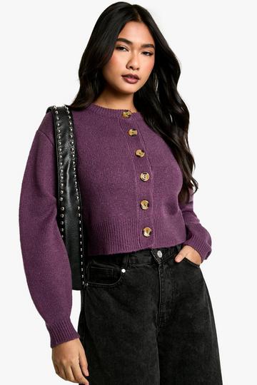 Crew Neck Puff Sleeve Soft Knit Micro Cardigan purple