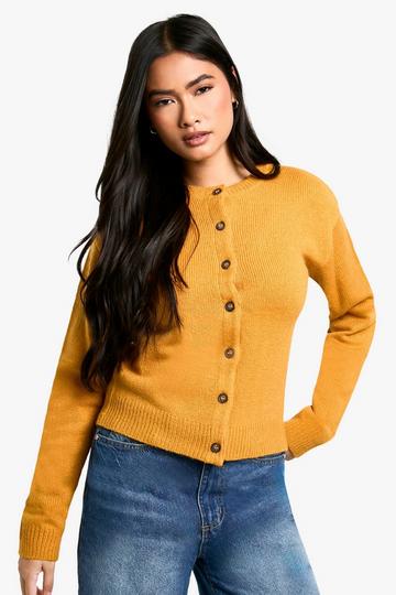 Crew Neck Fine Gauge Micro Cardigan mustard