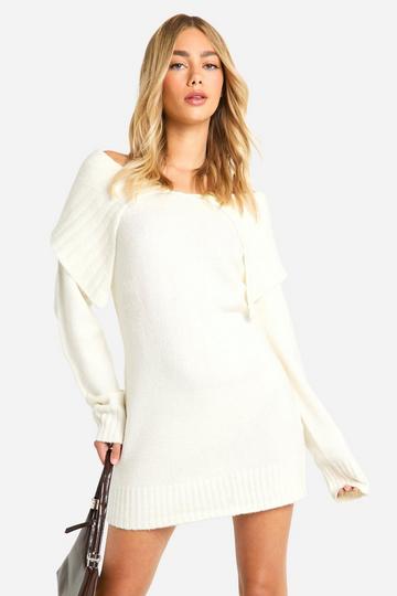 Soft Knit Oversized Collar Off The Shoulder Sweater Dress ecru