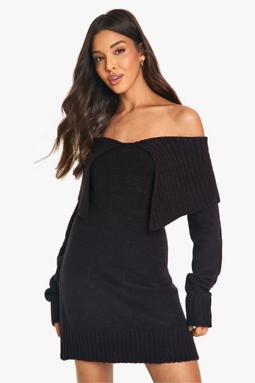 Zachte Gebreide Off Shoulder Trui Jurk Met Grote Kraag black